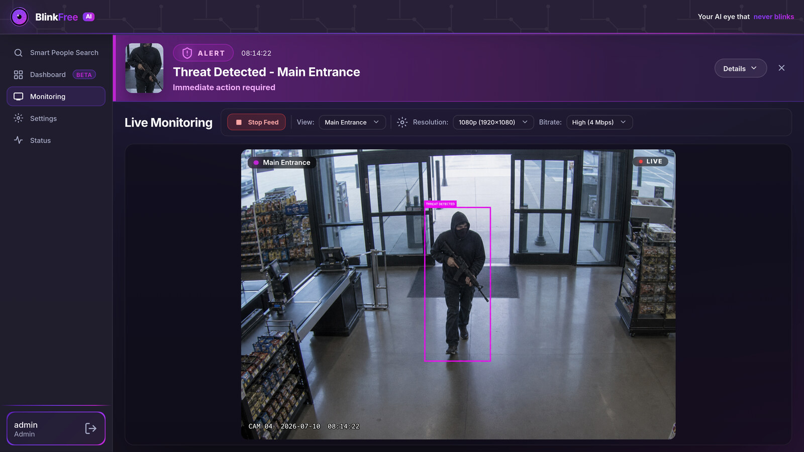 BlinkFree Live Monitoring surfacing a real-time weapon threat alert as an armed person enters a store entrance