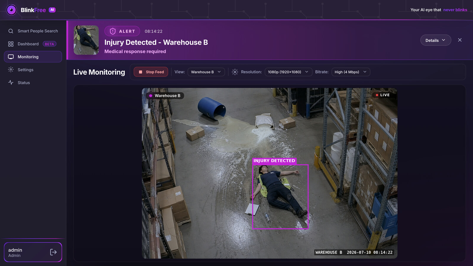 BlinkFree Live Monitoring alerting on a person who has fallen in a public space