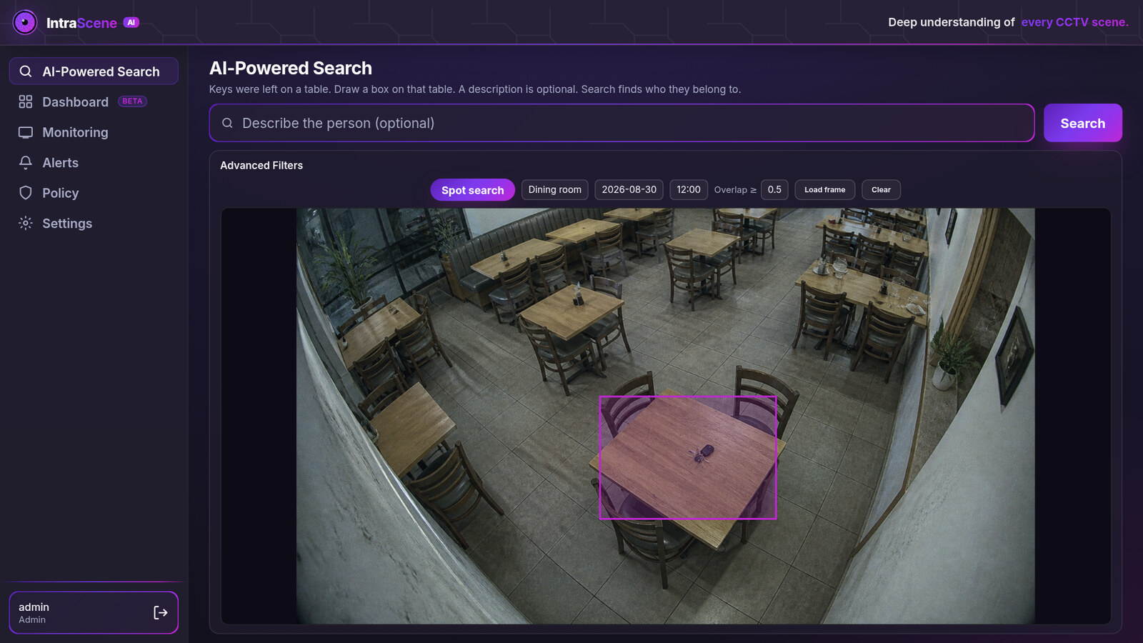 IntraScene Spot search with a region drawn on a dining table where keys were left